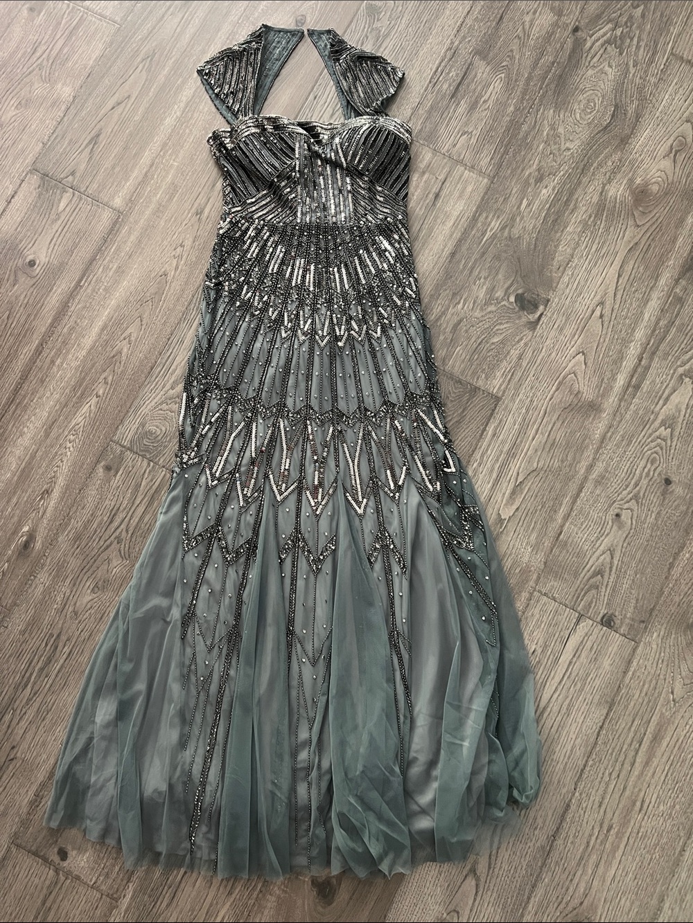 Adrianna Papell Beaded Halter Gown in Dusty Teal and Silver